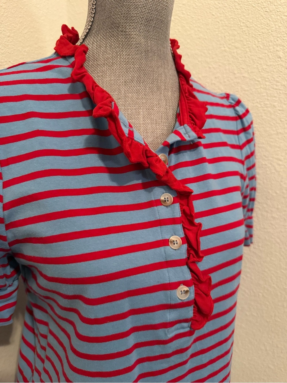 Striped Ruffle Henley Tee - Blue & Red - Picture 3 of 10